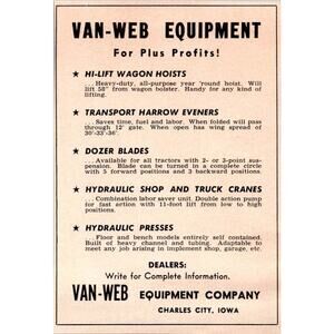 Van-Web Equipment Company Hi-Lift Wagon Hoists Charles City IA 1957 Ad SAI2-H12